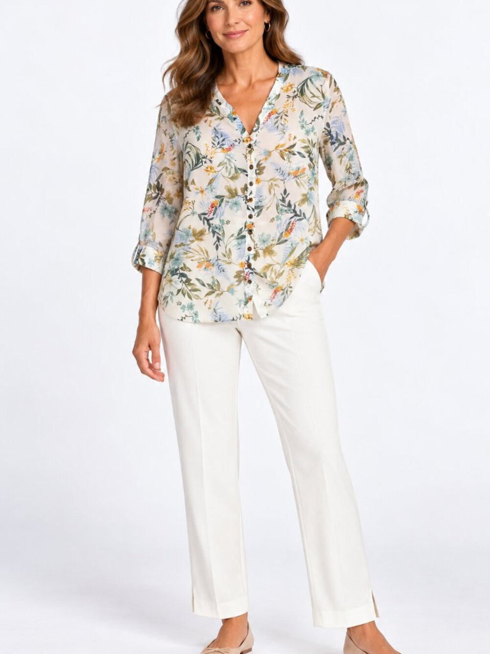 Chico's 3 Size XL Tropical Floral Bird Botanical Print Button Front Tunic Blouse